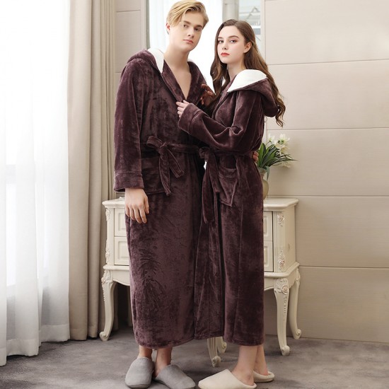 Coral Fleece Nightgown for Men and Women, Autumn/Winter Long-Sleeved Tie-Drawn Pajamas, Loungewear, Long Thickened Flannel Couple's Bathrobe Coral Fleece Nightgown for Men and Women, Autumn/Winter Long-Sleeved Tie-Drawn Pajamas, Loungewear, Long Thickened Flannel Couple's Bathrobe