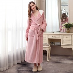 INS nightgown, women's winter, mid-length, thickened, hooded flannel bathrobe, cute coral fleece pajamas for students, autumn.