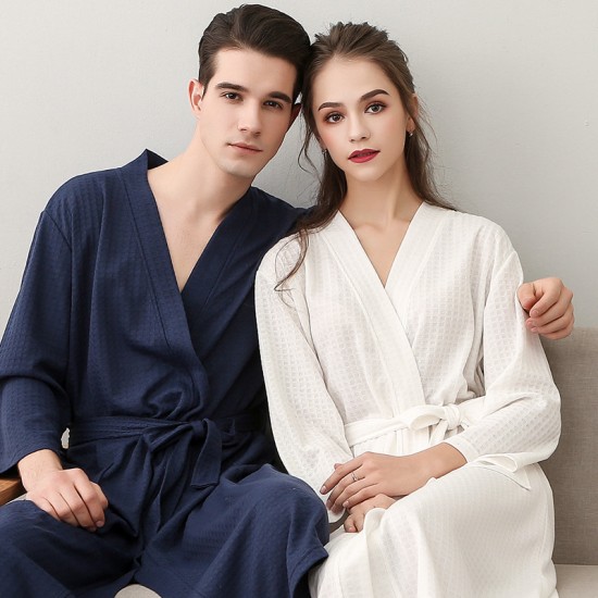 Spring and Summer Women's Thin Waffle Couple's Nightgown for Men and Women Summer Three-Quarter Sleeve Korean Style Absorbent Yukata