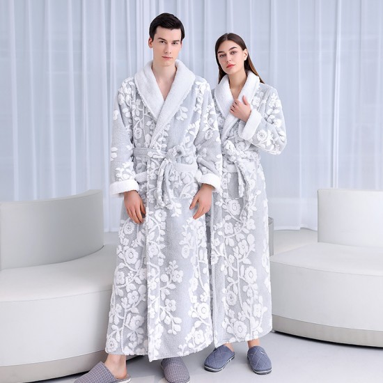 Autumn and winter new silver-gray double-layer thickened jacquard cotton velvet nightgown for men, long plus-length velvet bathrobe for women Autumn and winter new silver-gray double-layer thickened jacquard cotton velvet nightgown for men, long plus-length velvet bathrobe for women