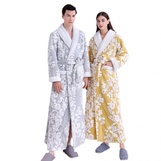 Autumn and winter new silver-gray double-layer thickened jacquard cotton velvet nightgown for men, long plus-length velvet bathrobe for women Autumn and winter new silver-gray double-layer thickened jacquard cotton velvet nightgown for men, long plus-length velvet bathrobe for women