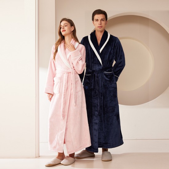 European Size Extra-Long Plush Cut Velvet Hooded Striped Couple's Nightgown, Men's and Women's Plus Size Flannel Bathrobe, Autumn/Winter European Size Extra-Long Plush Cut Velvet Hooded Striped Couple's Nightgown, Men's and Women's Plus Size Flannel Bathrobe, Autumn/Winter