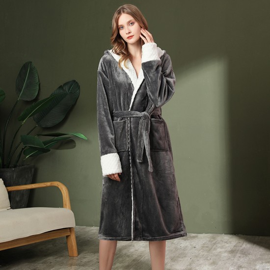 [Upgraded 1804] Contrast-colored, extra-long, thickened flannel nightgown, men's, plus-size, coral fleece bathrobe, autumn/winter.