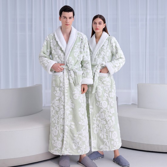 Autumn and winter new silver-gray double-layer thickened jacquard cotton velvet nightgown for men, long plus-length velvet bathrobe for women Autumn and winter new silver-gray double-layer thickened jacquard cotton velvet nightgown for men, long plus-length velvet bathrobe for women