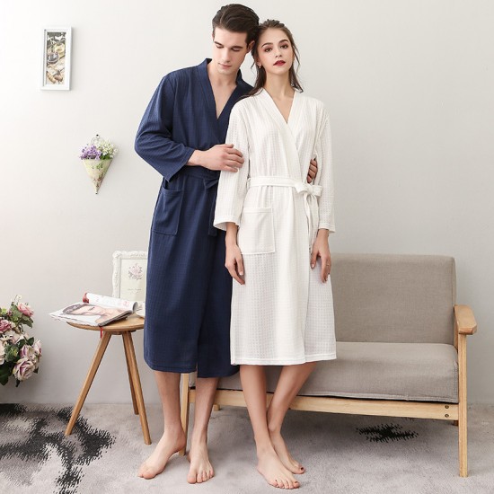Year-End Thin Summer Waffle Bathrobe for Women Simple V-Neck Three-Quarter Sleeve Absorbent Couple's Nightgown for Spring and Autumn Year-End Thin Summer Waffle Bathrobe for Women Simple V-Neck Three-Quarter Sleeve Absorbent Couple's Nightgown for Spring and Autumn