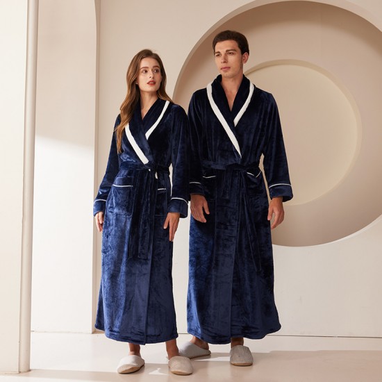 European Size Extra-Long Plush Cut Velvet Hooded Striped Couple's Nightgown, Men's and Women's Plus Size Flannel Bathrobe, Autumn/Winter European Size Extra-Long Plush Cut Velvet Hooded Striped Couple's Nightgown, Men's and Women's Plus Size Flannel Bathrobe, Autumn/Winter