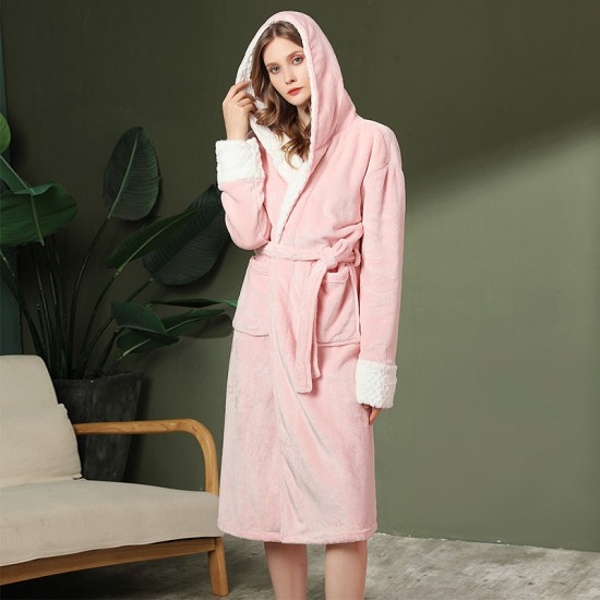 [Upgraded 1804] Contrast-colored, extra-long, thickened flannel nightgown, men's, plus-size, coral fleece bathrobe, autumn/winter.