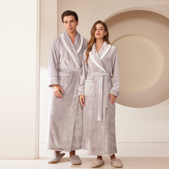 European Size Extra-Long Plush Cut Velvet Hooded Striped Couple's Nightgown, Men's and Women's Plus Size Flannel Bathrobe, Autumn/Winter European Size Extra-Long Plush Cut Velvet Hooded Striped Couple's Nightgown, Men's and Women's Plus Size Flannel Bathrobe, Autumn/Winter